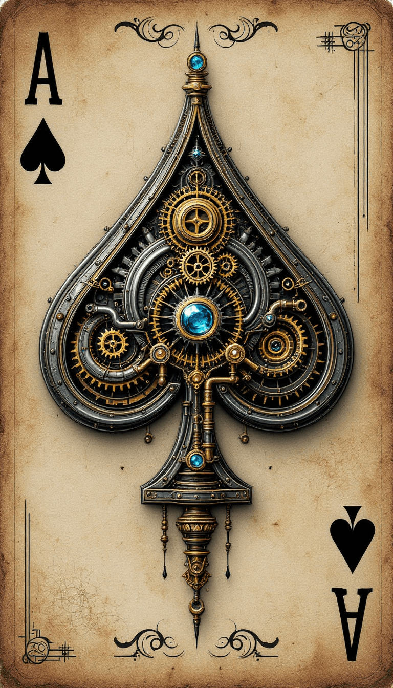 AI generated: Design a steampunk Ace of Spades playing card. The centrepiece should be an intricate spade emblem m...