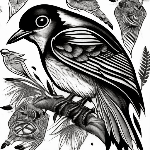 AI generated: cyber magpie, tattoo flash, line art, black and white , high detail --v 4