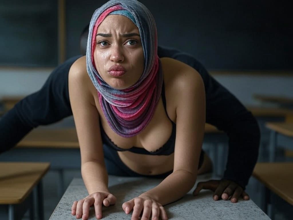 AI generated: grainy analog photo of  young woman. She is wearing a torn colored hijab and black lingerie, on all ...