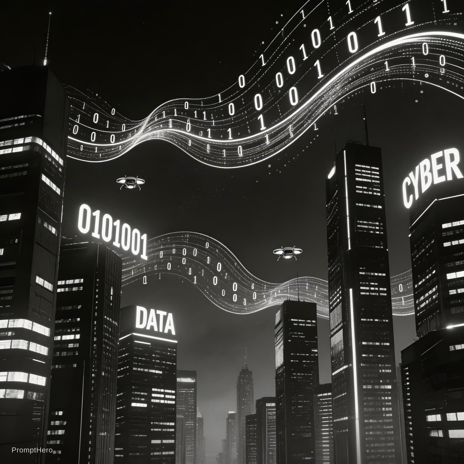 AI generated: Gelecekteki bir şehirde havada süzülen dijital veri dalgaları, cyberpunk stili, siyah beyaz dijital ...