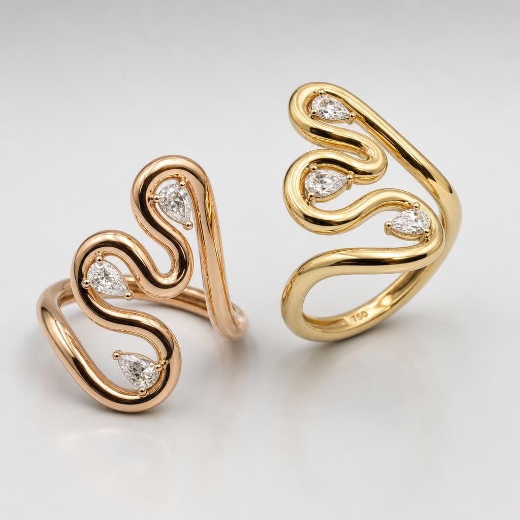 AI generated: Luxury contemporary fine jewelry ring design featuring a fluid openwork silhouette composed of elega...