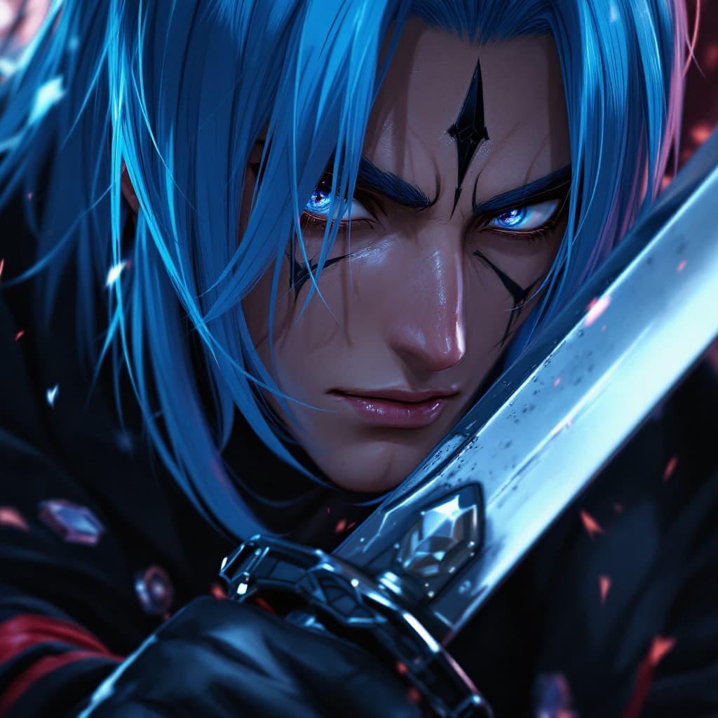 AI generated: a close up of a person with a sword, 3 d render official art, snk, male rogue, aliased, straight sky...