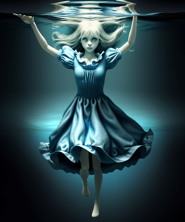 AI generated: alice  floating under water, realistic and not creepy, she is seen from her profile
 and we can see ...