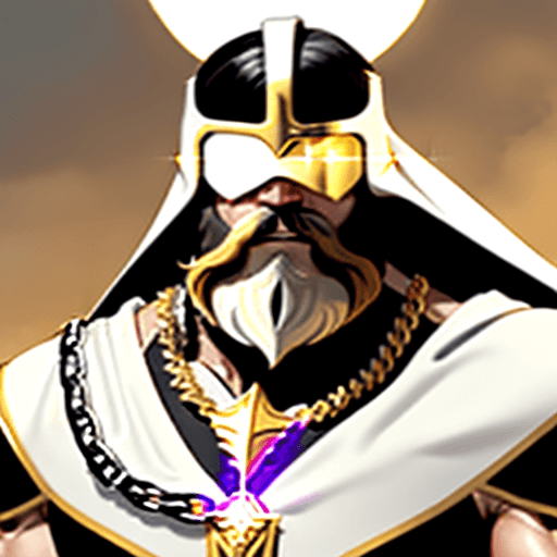 AI generated: A muscular man with a long black beard wearing  white armor with a golden chain from the left should...