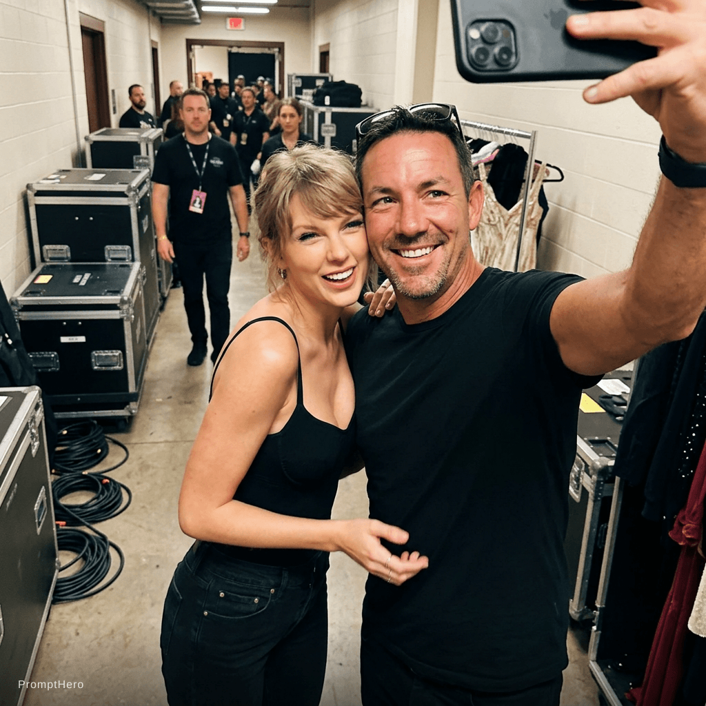 AI generated: with Taylor Swift backstage at a concert, excited fans vibe, Taylor totally wants the.man so she is ...