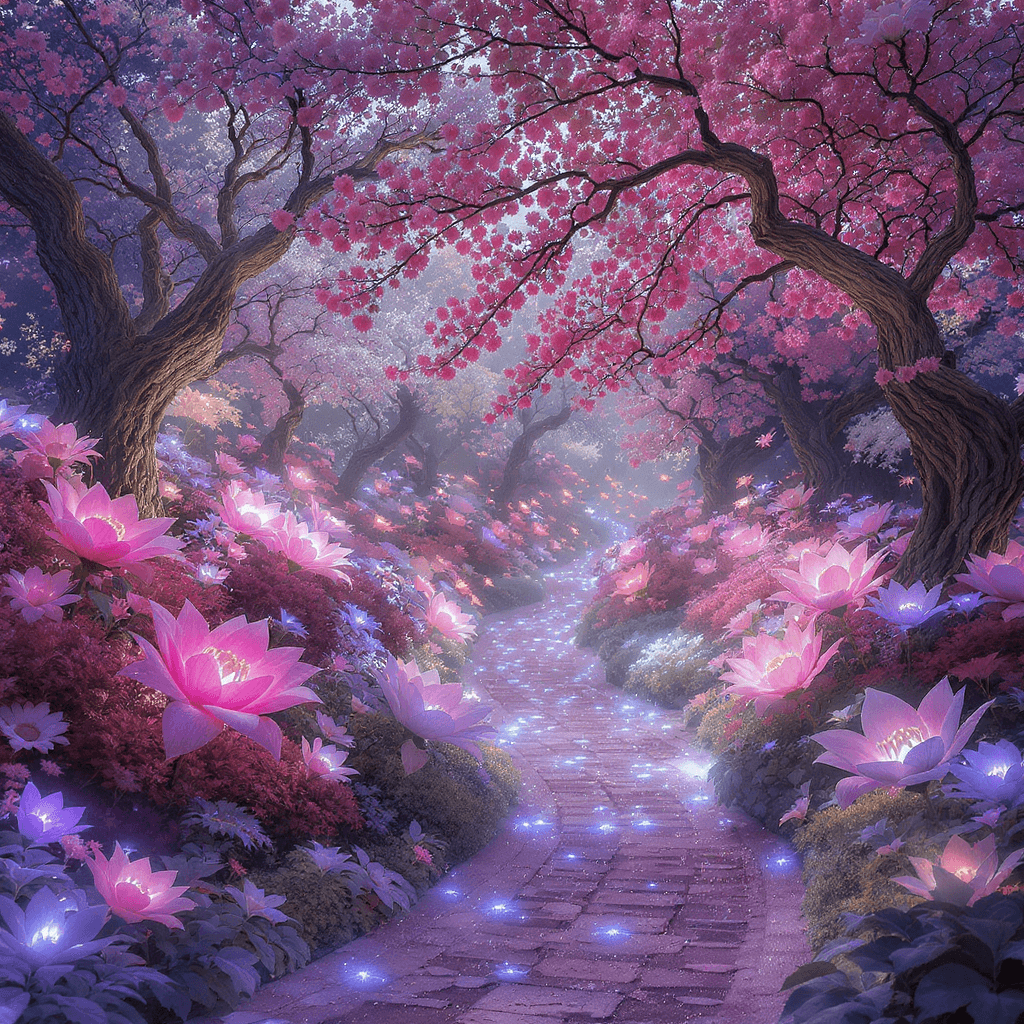 AI generated: a lush, magical garden overflowing with vibrant, oversized flowers. Each flower emits a soft, magica...