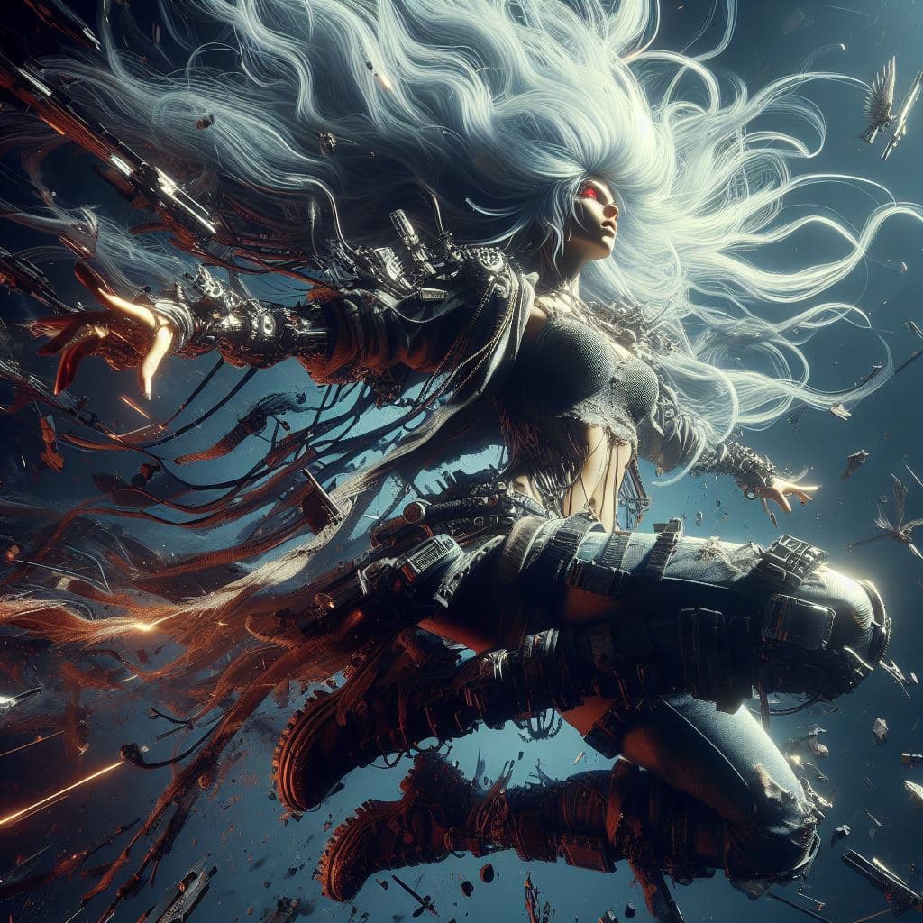 AI generated: urbanpunk style, low-angle shot, goddess Poseidon with long white hair flying in the air, action pos...