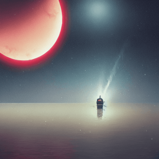 AI generated: Submarine sailing in universe, illustration, dark theme, (red moon:1.2), (night, fog, dystopia, lake...