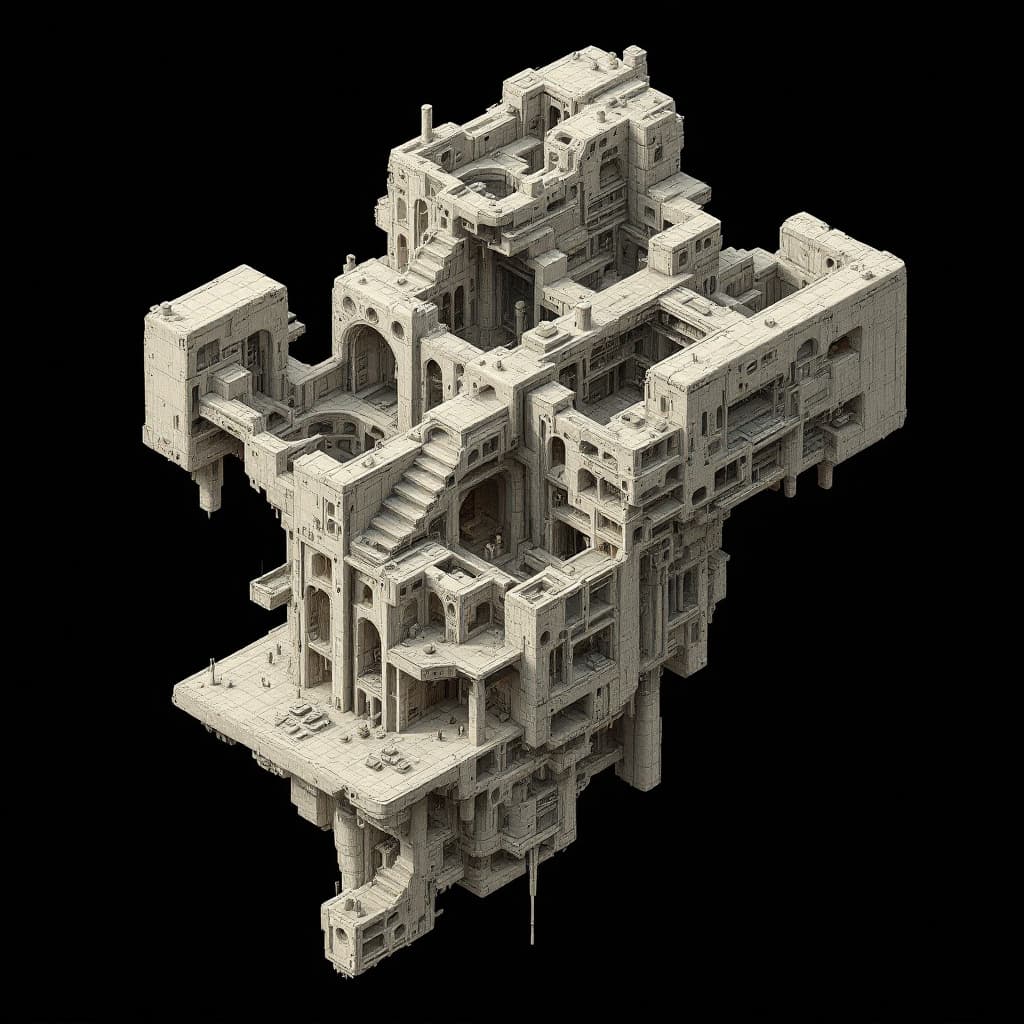 AI generated: exploded axonometric view of a futuristic hr giger building with multiple internal chambers and a fl...