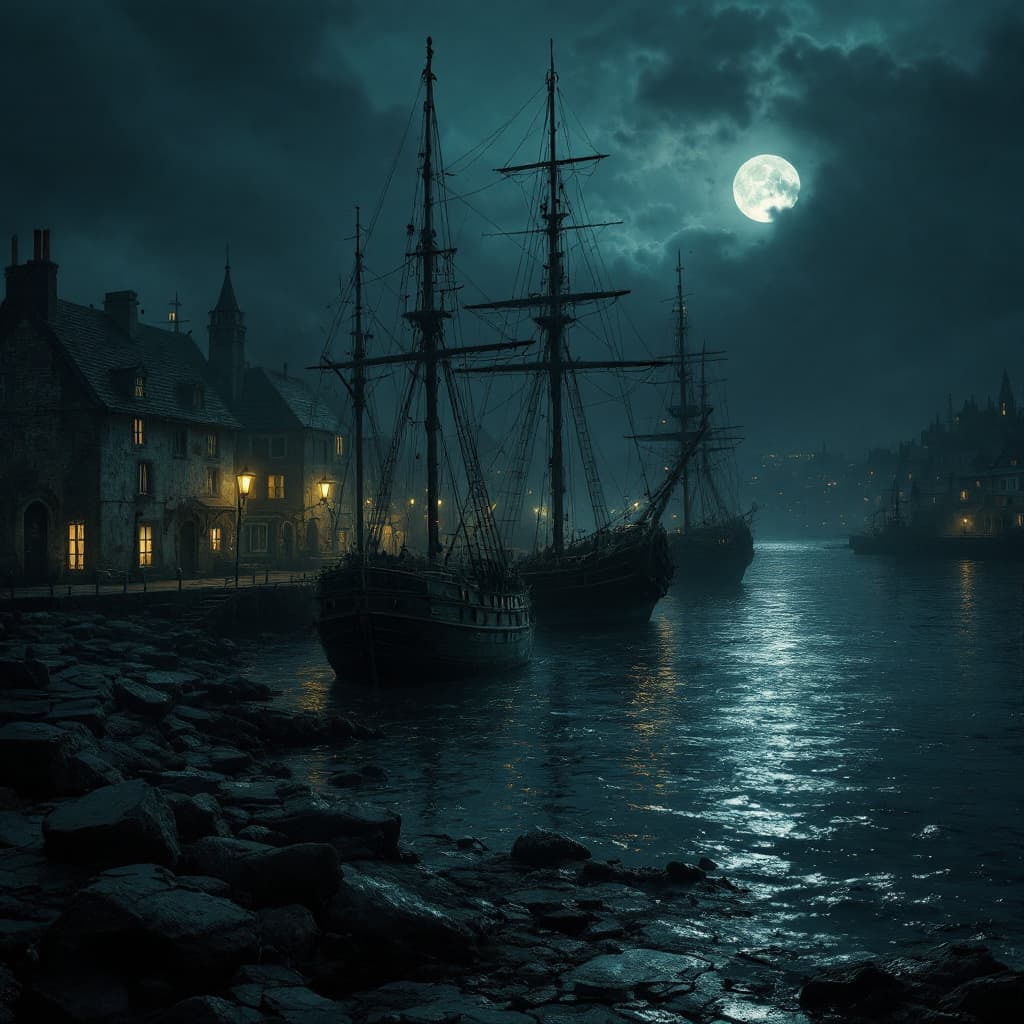 AI generated: I need amazing picture of harbour during the dark, old one with some ghosts.