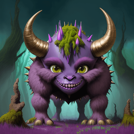 AI generated:  cartoon of a colorful creature, big eyes and big teeth, big horns, light bronze and purple schema, ...
