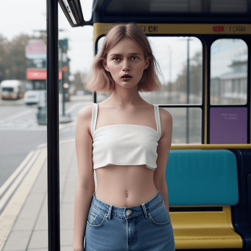 AI generated: a woman wearing a cropped top and jeans standing in front of the bus stop, in the style of Oleg Opri...