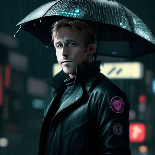 AI generated: Ryan gosling , in a new tokyo futuristinc , from a ghost in a shell , stayin in the middle of the ra...