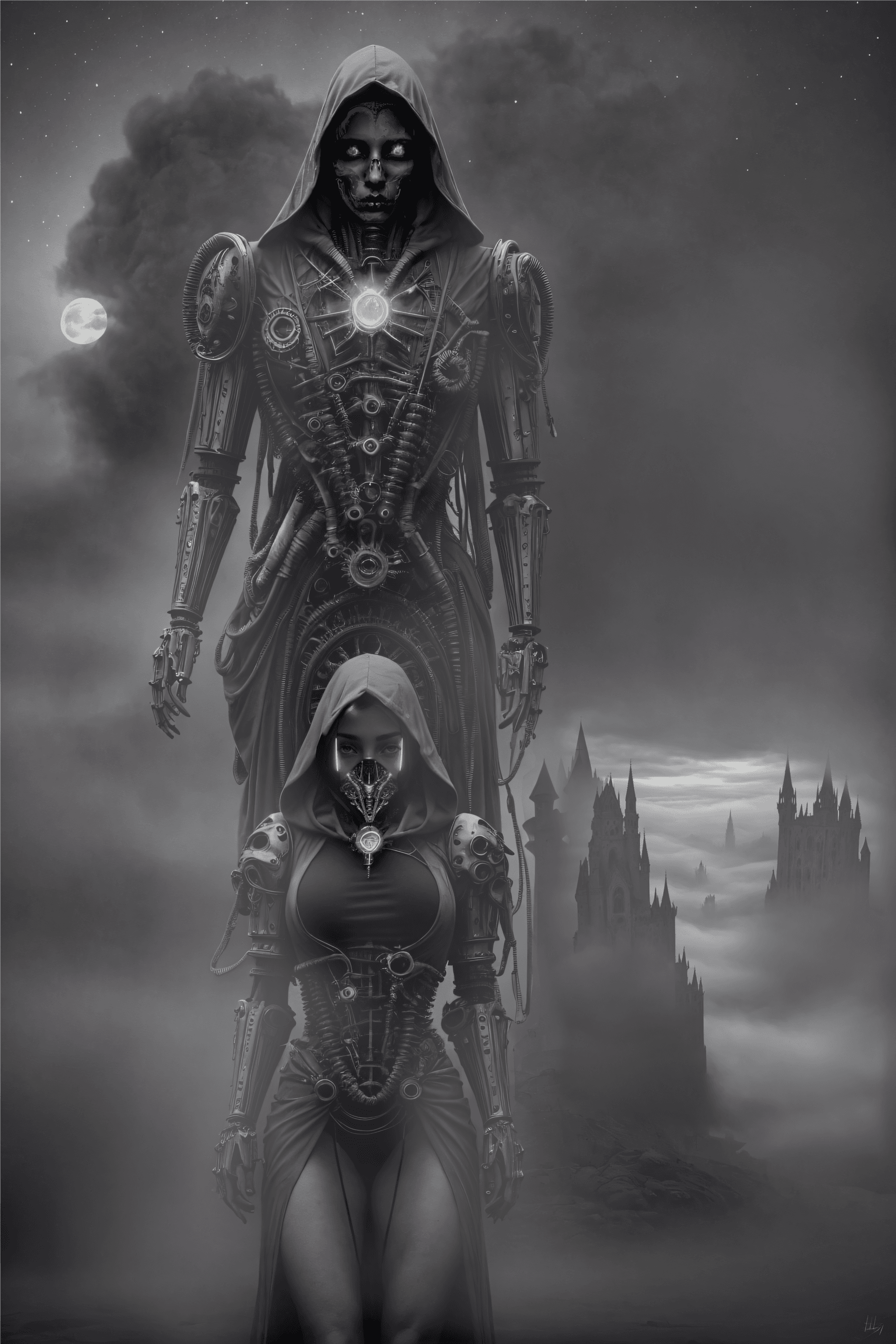 AI generated: Two biomechanical beings standing in the mist, one cloaked in dark tattered robes (The Penitent), th...