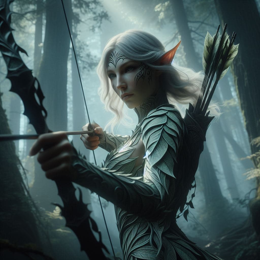 AI generated: In the heart of a dense, mist-shrouded forest, Elara, an ethereal elven ranger, glides silently thro...
