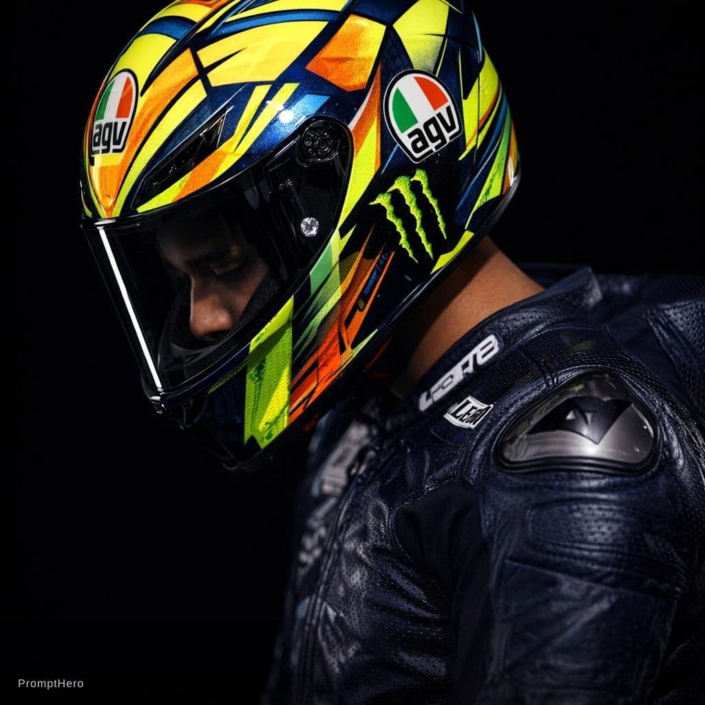 AI generated: A hyper-realistic close-up photograph of a professional motorcycle racer in profile, head bowed slig...