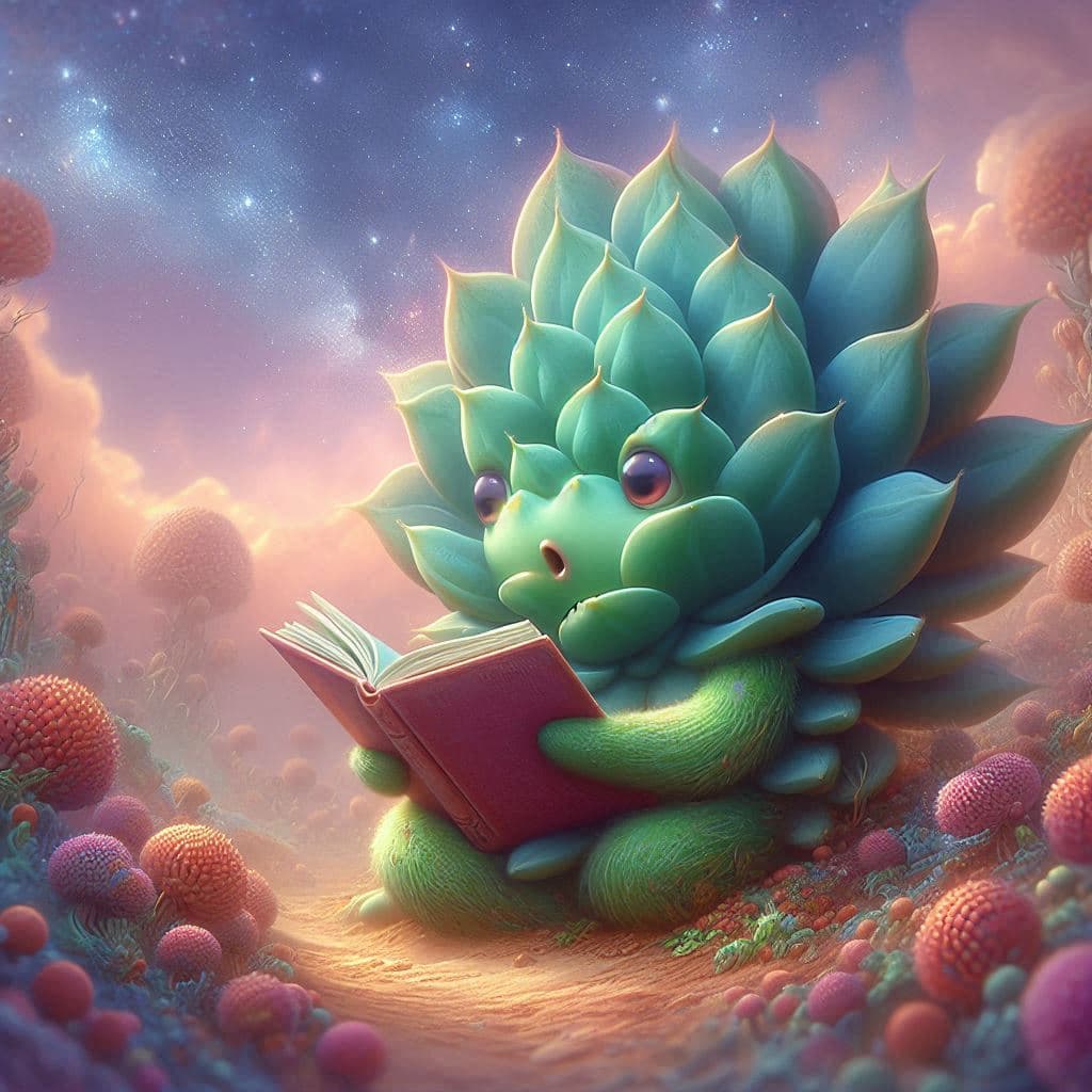 AI generated: An intelligent succulent reading a book, in the style of realistic hyper-detailed rendering, soft, d...