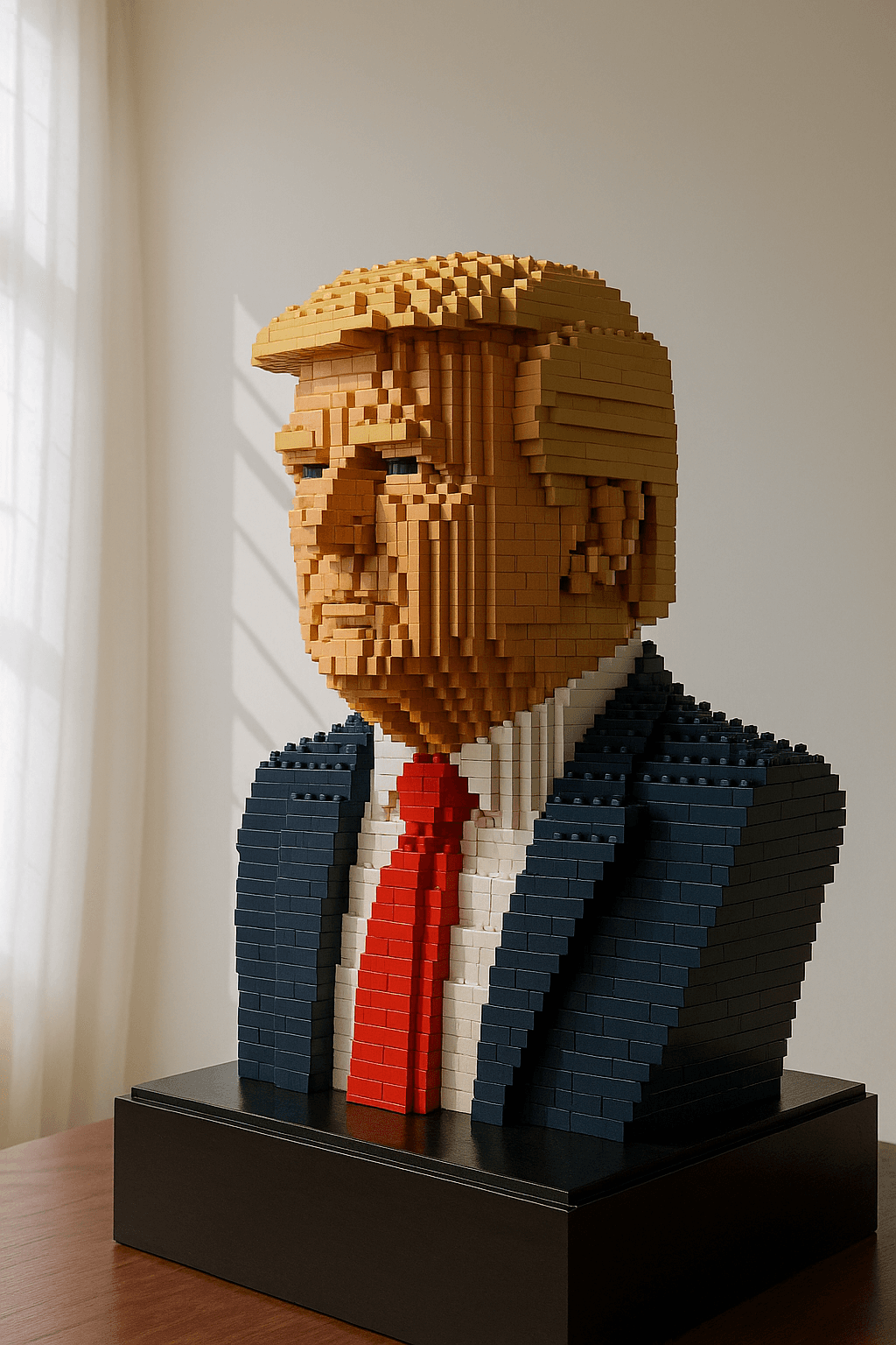 AI generated: Ultra-detailed Lego bust of Donald Trump, built in the classic Lego mosaic sculpture style. The face...