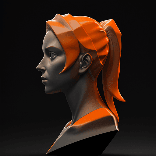 AI generated: 3d rendering, a plaster bust, side view, orange color sleek, solid black backdrop, studio lights --a...