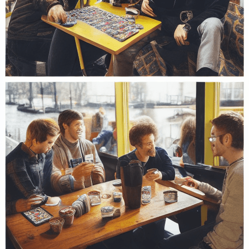 AI generated: High-resolution photo about 5 man friends sitting at a coffee shop in Amsterdam. They are smoking we...