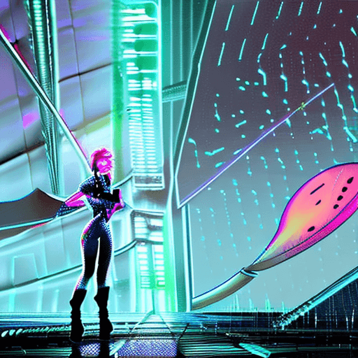 AI generated: cyberpunk demigod girl with perfect face and with dirty neon armor in front of an alien spaceport di...