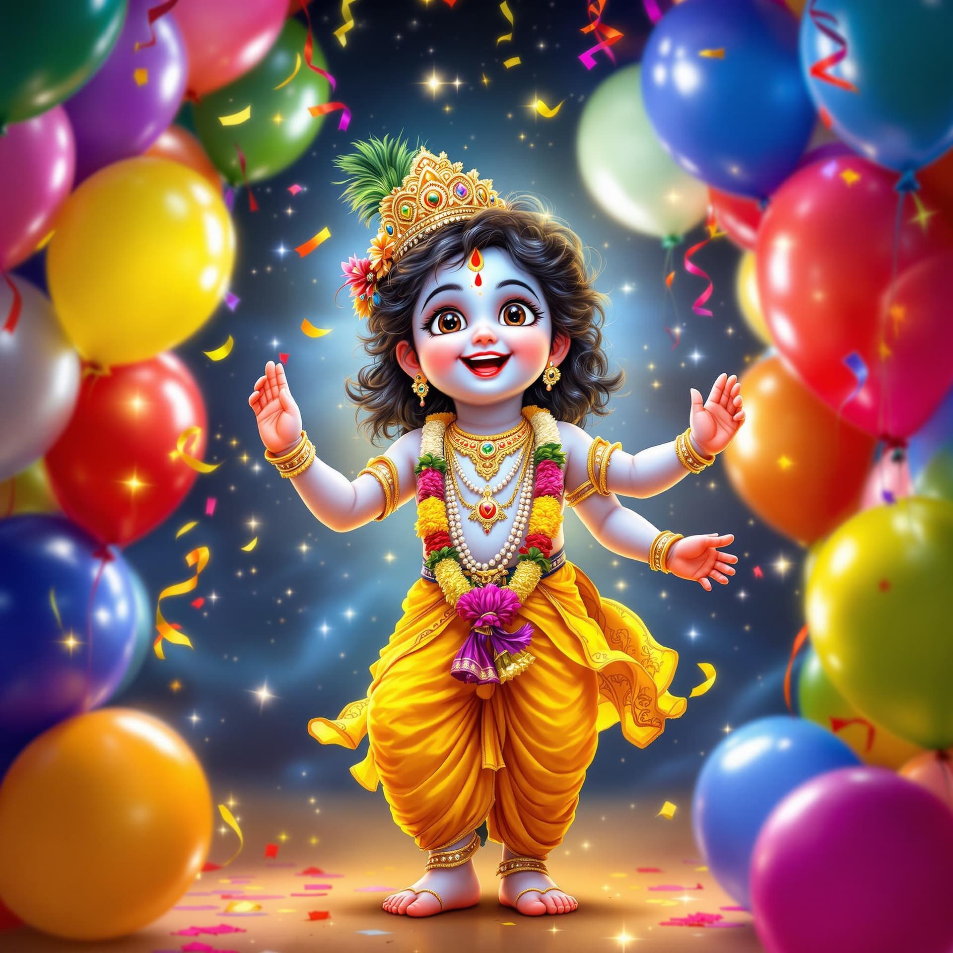 AI generated: A joyful Krishna in a vibrant yellow outfit, surrounded by colorful balloons and streamers, illumina...