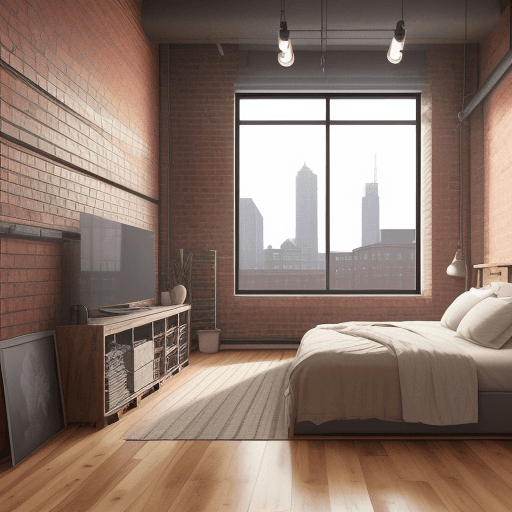 AI generated: interior design, warehouse style bedroom, 8k architecture render, cozy style, wooden floor, windows ...