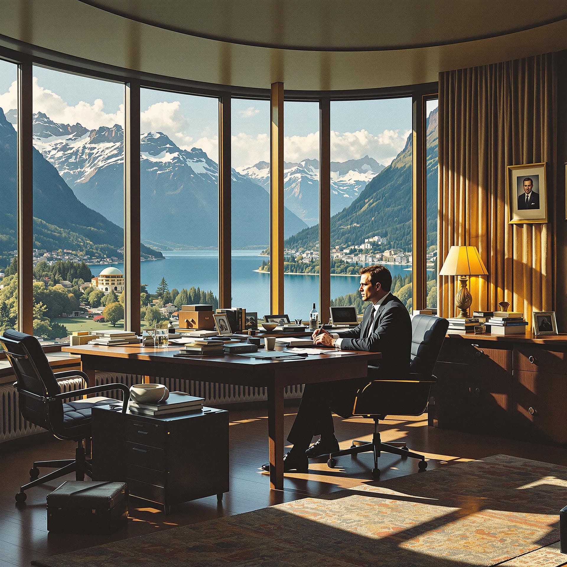 AI generated: An office of a Swiss executive in the early eighties, sitting at his desk with large windows overloo...