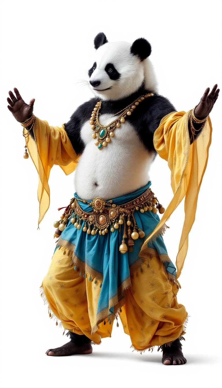 AI generated: A panda dancing belly wearing the perfect outfit for belly dance, white background 