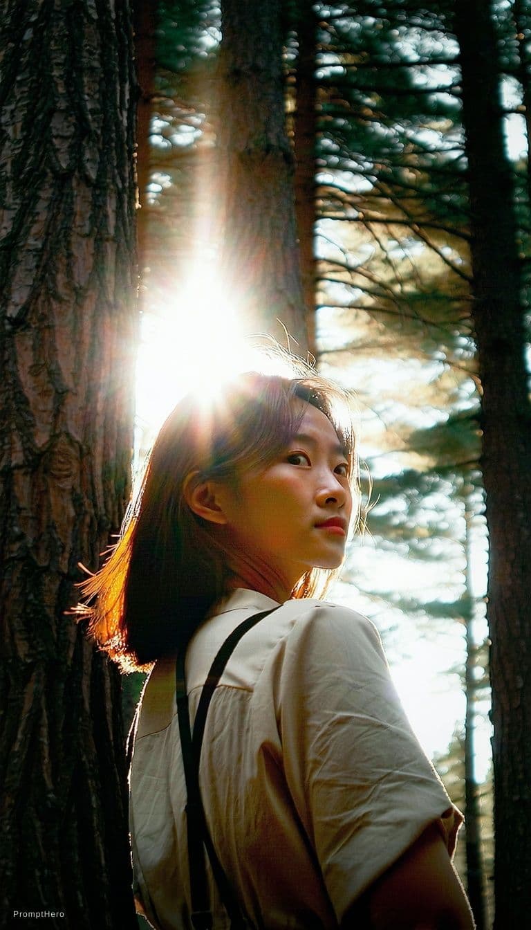 AI generated: A cinematic portrait of an Asian woman standing in a quiet forest, captured in a spontaneous moment ...
