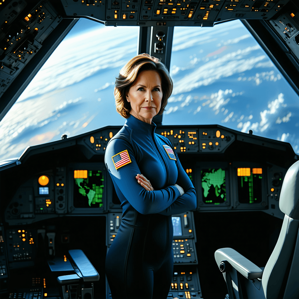 AI generated: Ellen Ripley, standing crossed arms, inside spaceship flight deck, High resolution photography, drea...