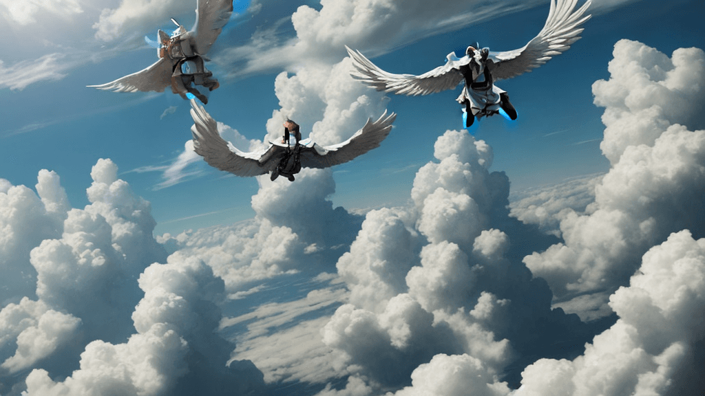 AI generated: people being raptured on the air to encounter with their king  surrounded by clouds of glory
