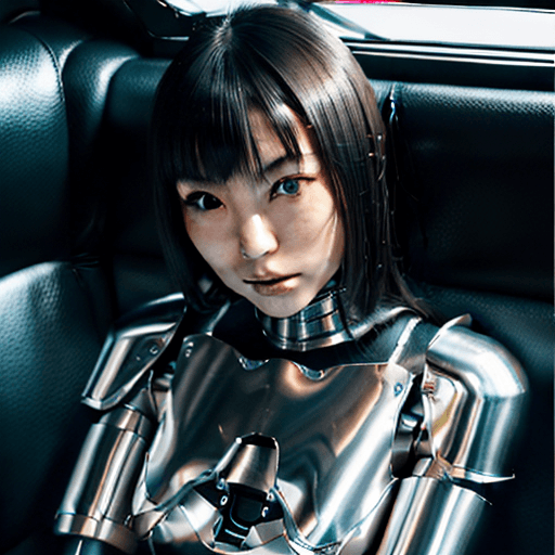 AI generated: High-angle-candid-close-up-photo of a Japanese girl with chromed-steel robot arms. Seated in a ebony...