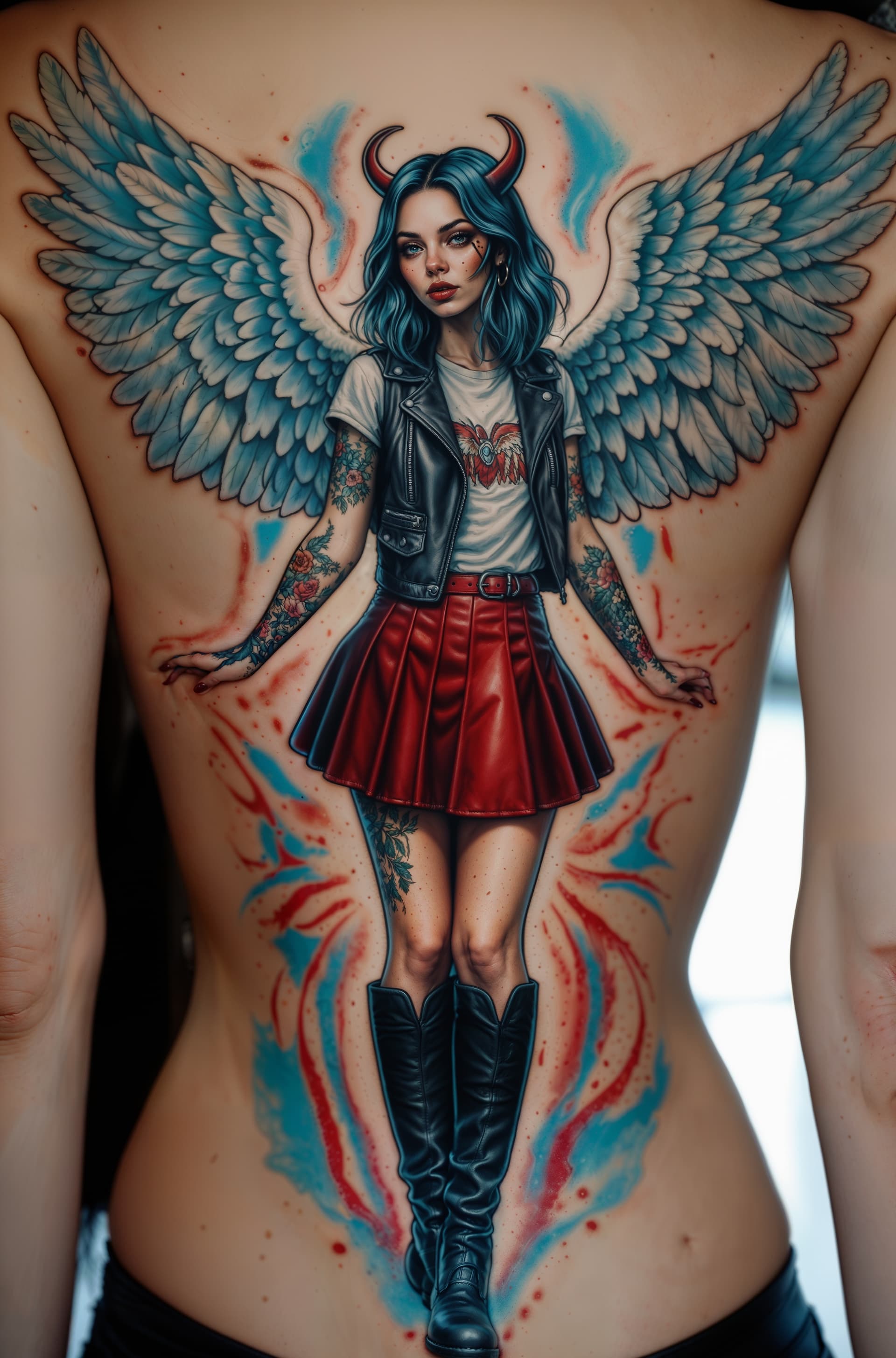 AI generated: A colorful Angelic Demonic cute woman tattoo design with outstretched wings of beauty wearing a leat...