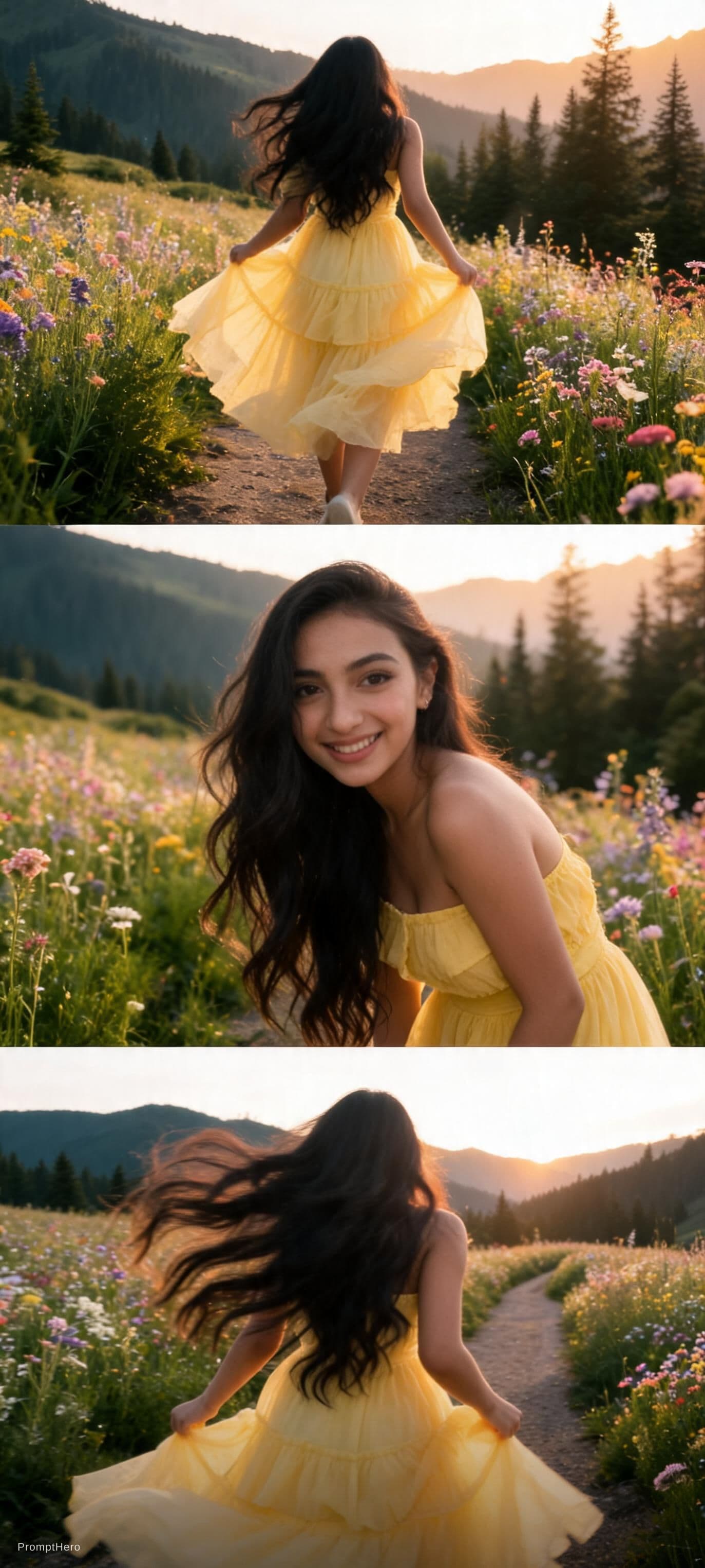 AI generated: Create an ultra-realistic candid portrait of an Indian girl in a dreamy flower meadow on a mountain ...