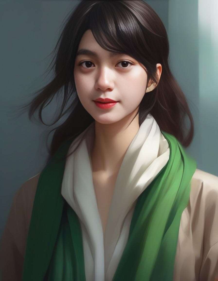 AI generated: a woman with a green scarf around her neck, a character portrait by Sim Sa-jeong, cgsociety, photore...