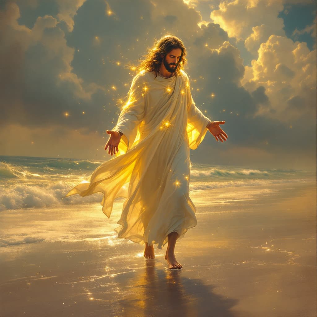 AI generated: Jesus walking on the beach, not walking on the water, but clearly on the beach next to the water. Th...