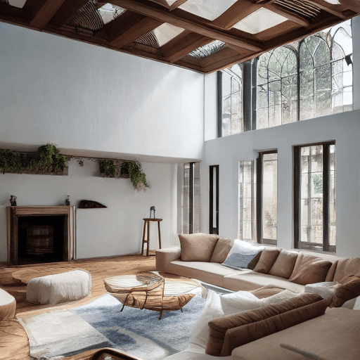 AI generated: High resolution photography interior design, dreamy sunken living room conversation pit, wooden floo...