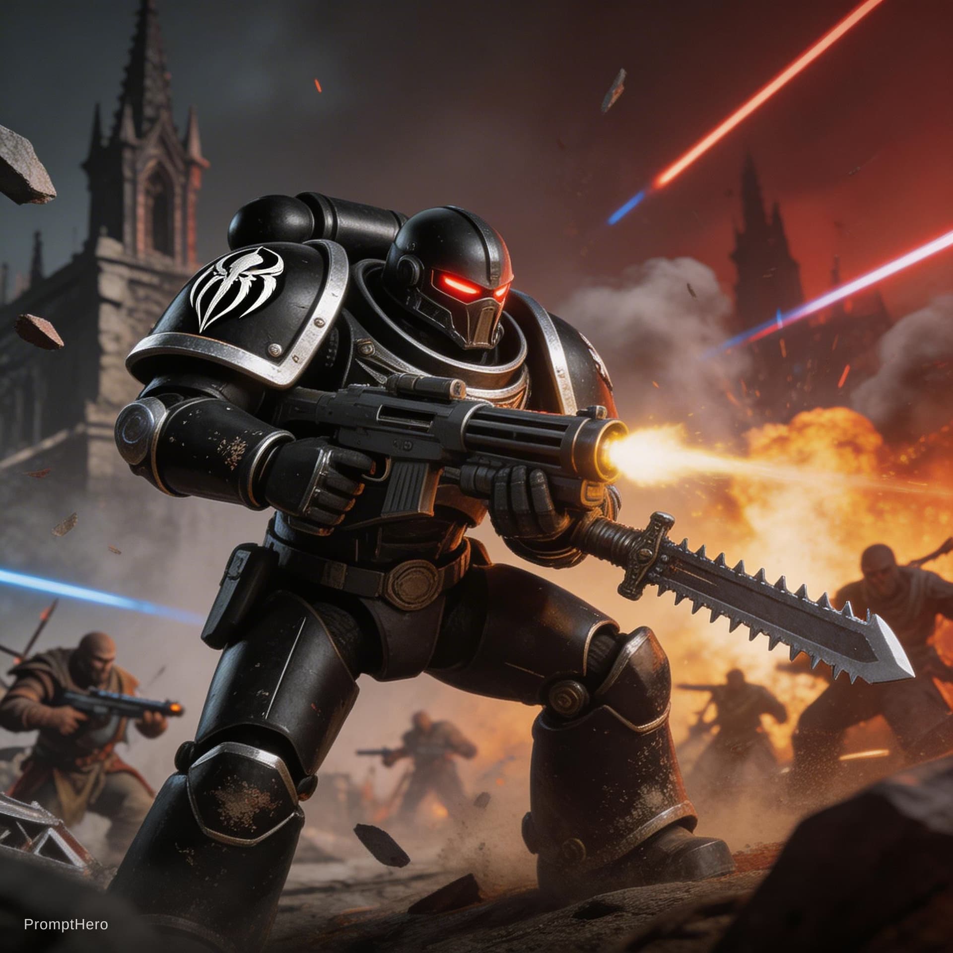 AI generated: iron talons space marine from Warhammer 40k in the middle of a battle