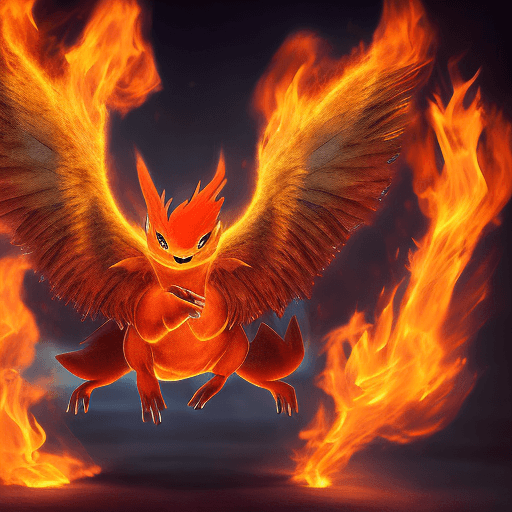 AI generated: Cute flying fire pokemon, black background; 8k, intricate detail, photorealistic, realistic light, w...