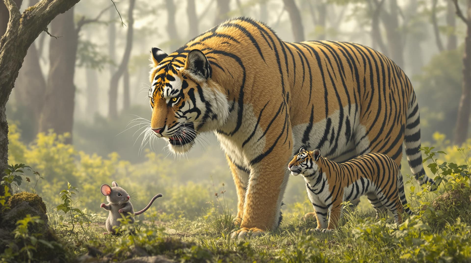 AI generated: a huge mouse standing by a same sized tiger