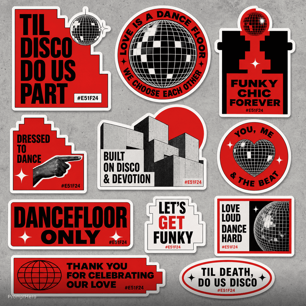 AI generated: Funky disco neo brutalist sicker pack for a funky chic wedding in #E51F24. 
