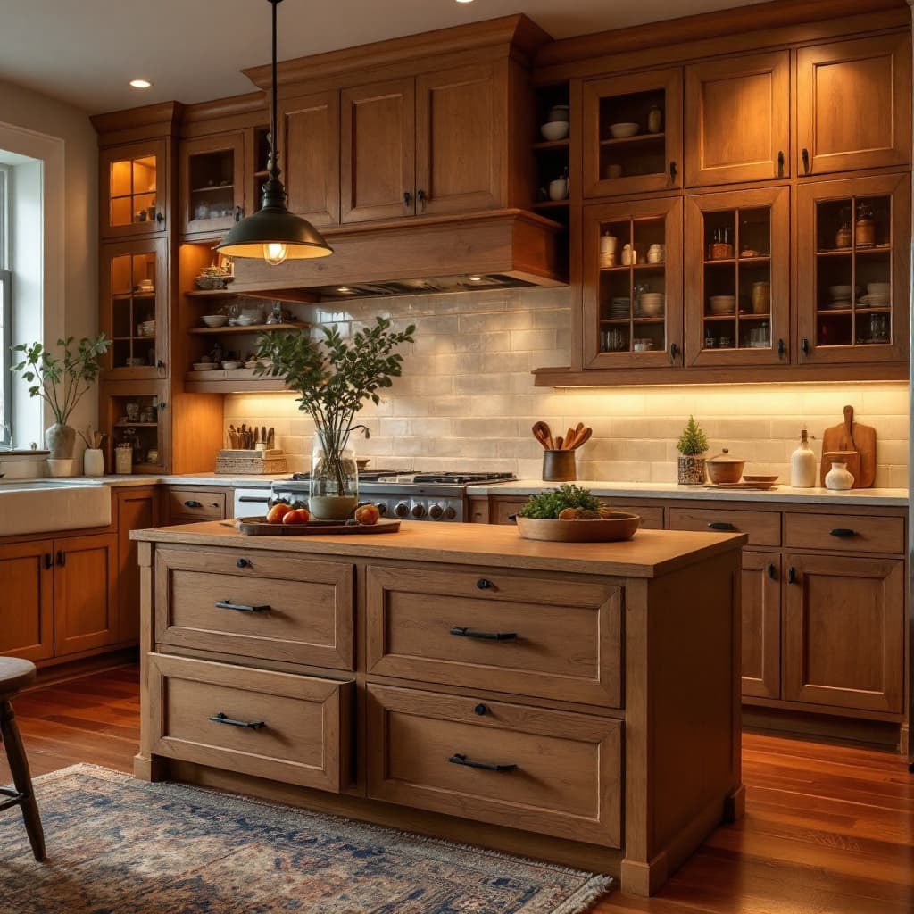 AI generated: kitchen everything made out of oak wood. Drawers, kitchen island,etc.