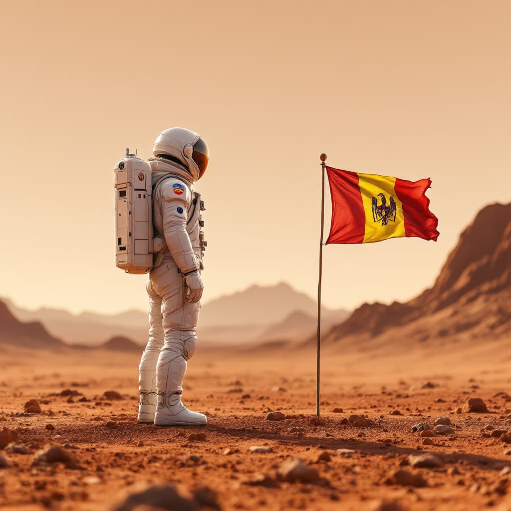 AI generated: A photorealistic depiction of an astronaut standing on a barren, rocky Martian landscape under a gol...