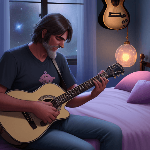 AI generated: A mognolian dad playing guitar for a girl sleeping in bed in a cozy room with starlights