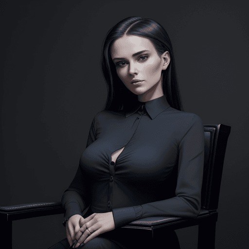 AI generated: The image showcases a woman elegantly posed on a centrally-placed chair, dressed in a sophisticated ...
