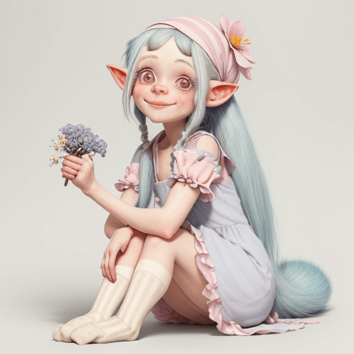 AI generated: A silly little troll girl with long messy pale blue hair, long eyelashes, small nose, cream bandana ...