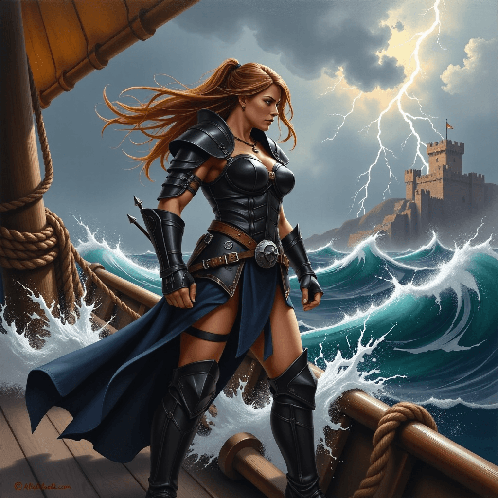 AI generated: Oil Painting, Dramatic: A powerful warrior princess, clad in dark, battle-worn leather armor, standi...