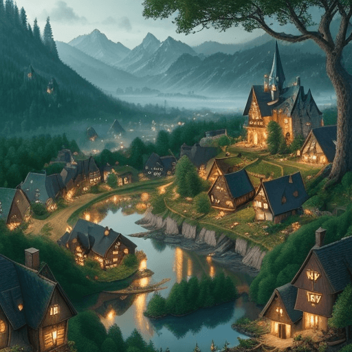 AI generated:  a quaint little village nestled at the edge of a vast enchanted forest, 8k