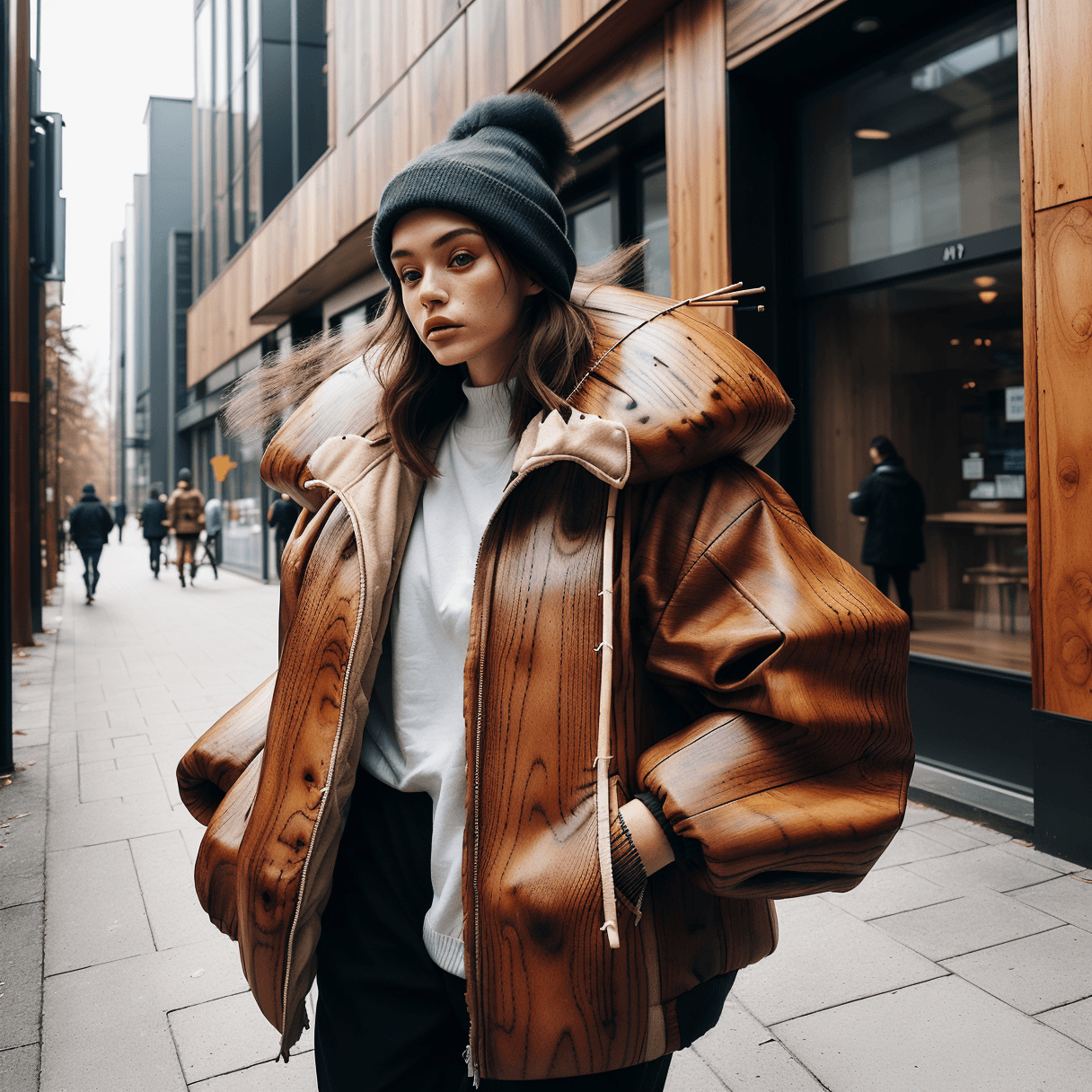 AI generated: a street photo of fashion model wearing (abnormal sized oversized (air-puffed) wooden with sticks ja...
